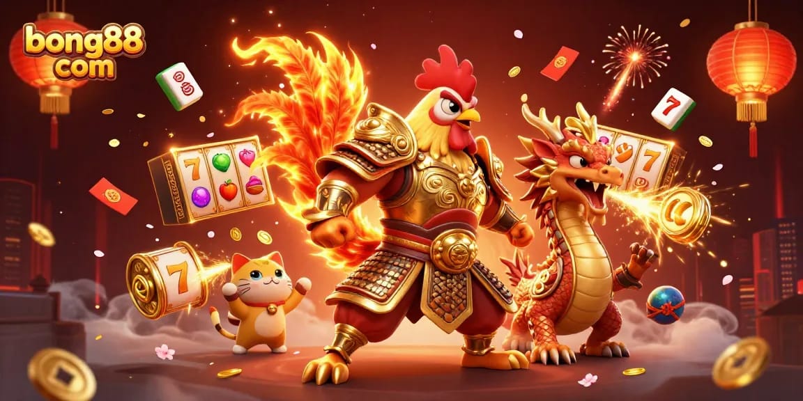 Engage in exciting slots at bong88 com, featuring dynamic 3D action with vibrant casino elements and characters.