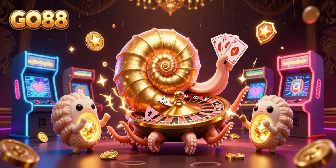 Engage with thrilling GO88 gameplay featuring a colorful 3D casino scene with vibrant characters and game elements.