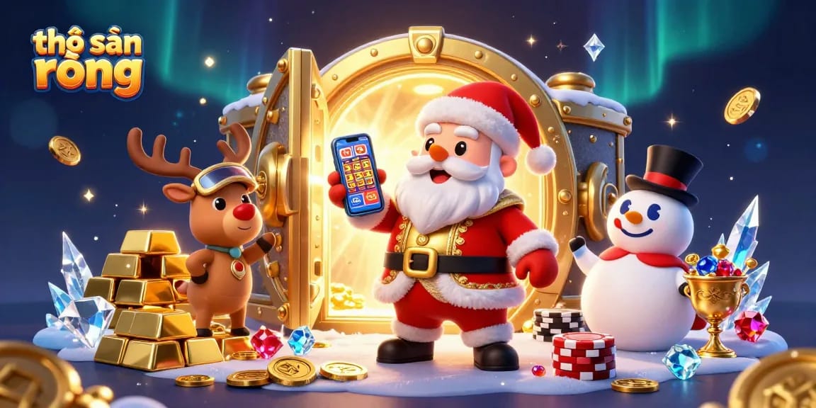 Win big with thợ săn rồng in this vibrant casino scene featuring festive characters and dazzling treasures.
