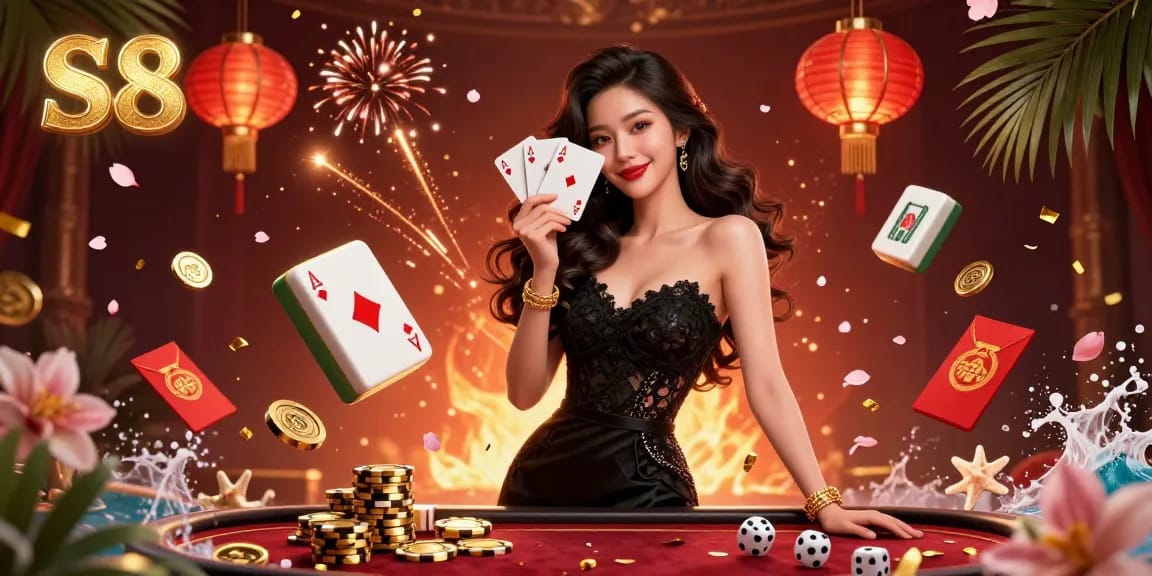 S8 captivates players with an elegant setting as she fans ace cards amidst a vibrant casino scene.