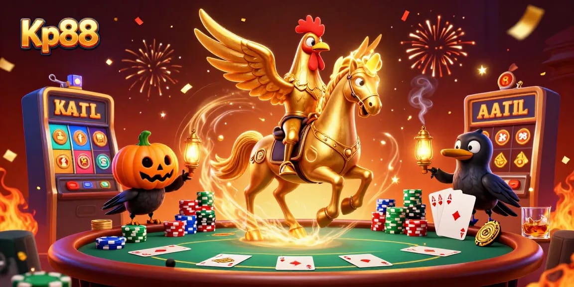 Kp88 highlights a unique casino experience with dynamic characters amidst vibrant casino elements.
