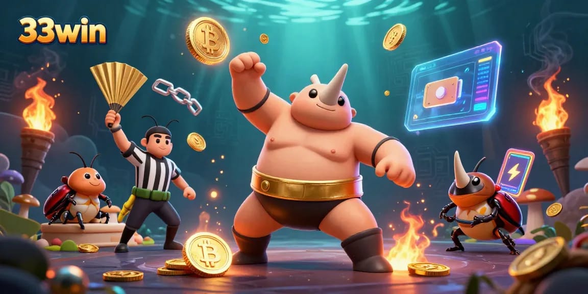 33win showcases a dynamic scene with a rhinoceros beetle champion and cryptocurrency elements.