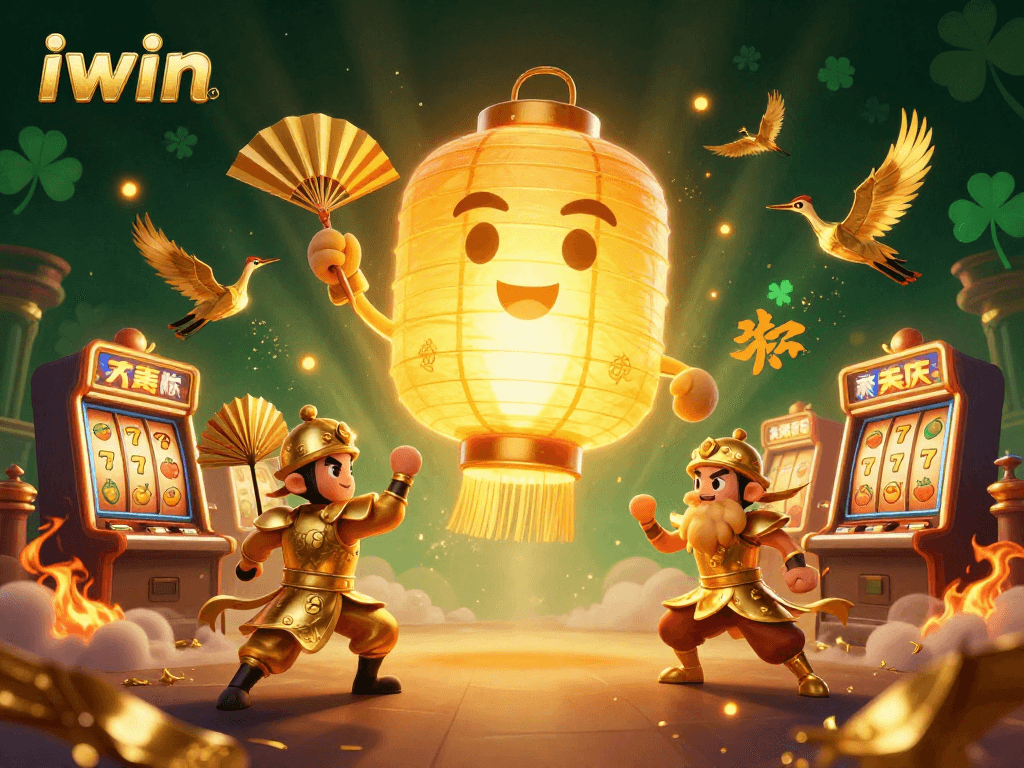 iwin casino illustration showcasing a golden lantern spirit and vibrant gaming elements.