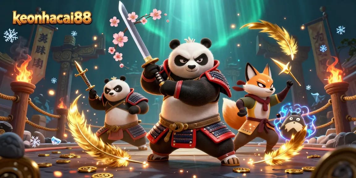 Experience the thrill of keonhacai88 with a samurai panda and ninja fox in a vibrant gaming arena.