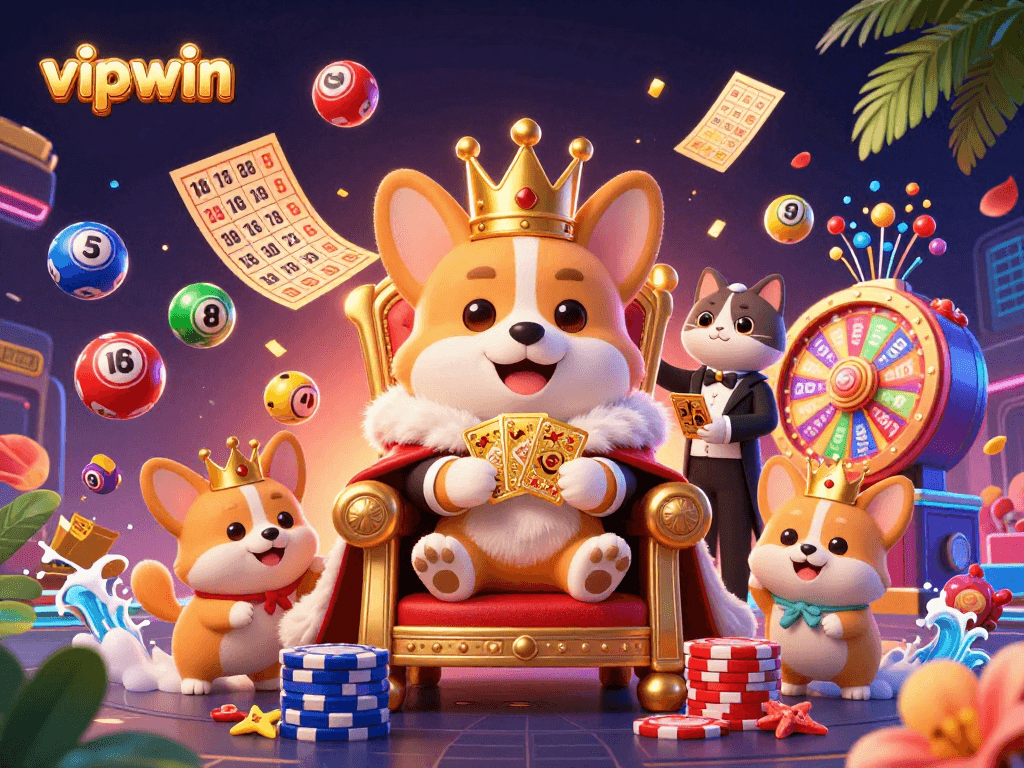 Experience the excitement of vipwin with corgis in an animated casino scene surrounded by lottery elements.