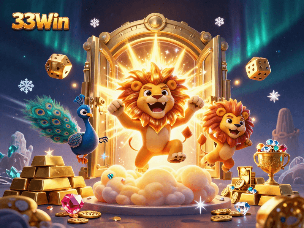 Experience the thrilling world of 33Win casino with high-stakes gaming, vibrant colors, and dynamic characters.