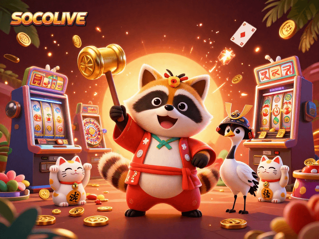 SOCOLIVE welcomes you to vibrant gaming scenes filled with lucky tanuki and engaging slot machines.