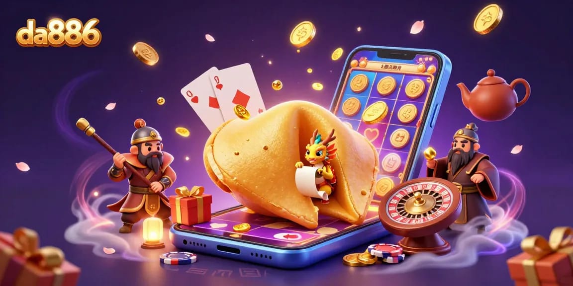Experience da886's thrilling slot adventure with a golden fortune cookie, dragon, and gaming elements.