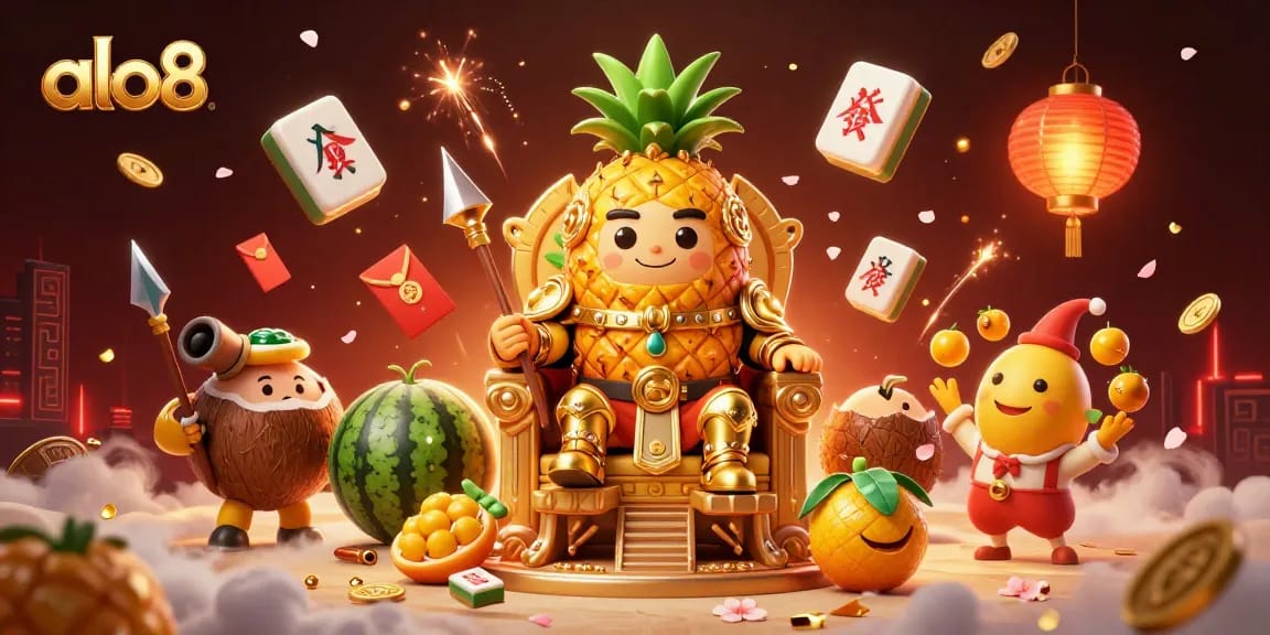 Experience the fun of alo8 with vibrant gaming elements surrounding a golden pineapple king in a beach casino scene.