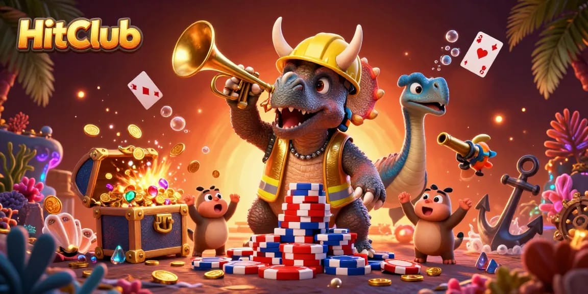 HitClub players celebrate as a triceratops builds poker chips amidst vibrant gaming elements.