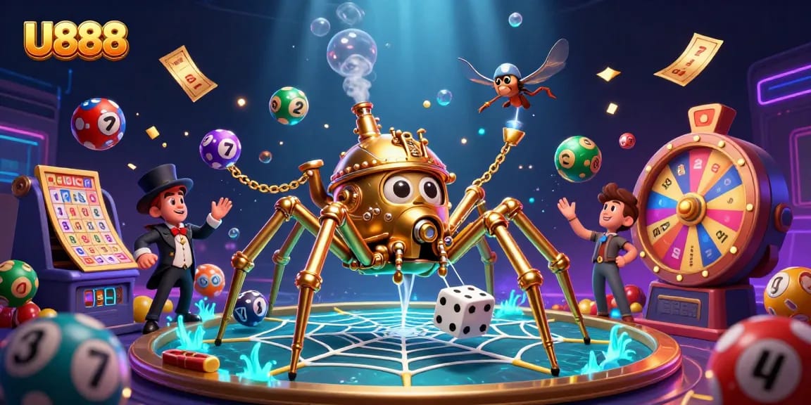 Engage in U888's thrilling gameplay featuring a steampunk spider and vibrant lottery elements.
