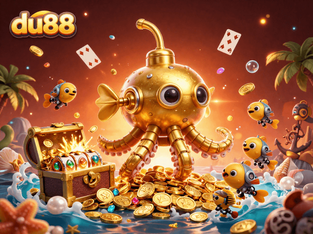 Immerse in du88's casino adventure with a golden kraken submarine surrounded by treasures and excitement.