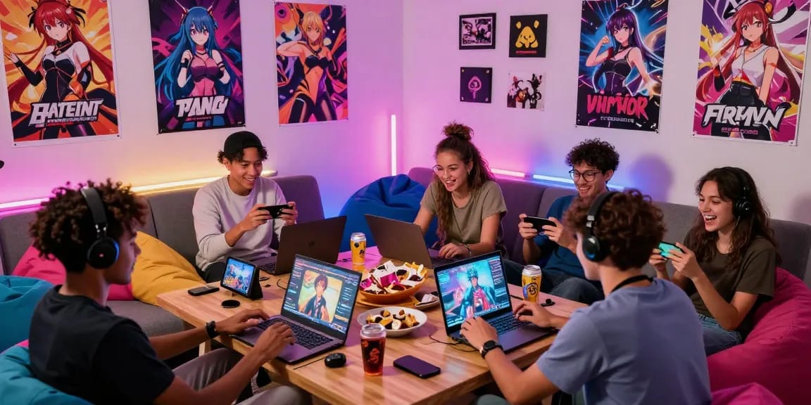 Friends enjoying hentai games in a vibrant gaming den, showcasing community and fun.