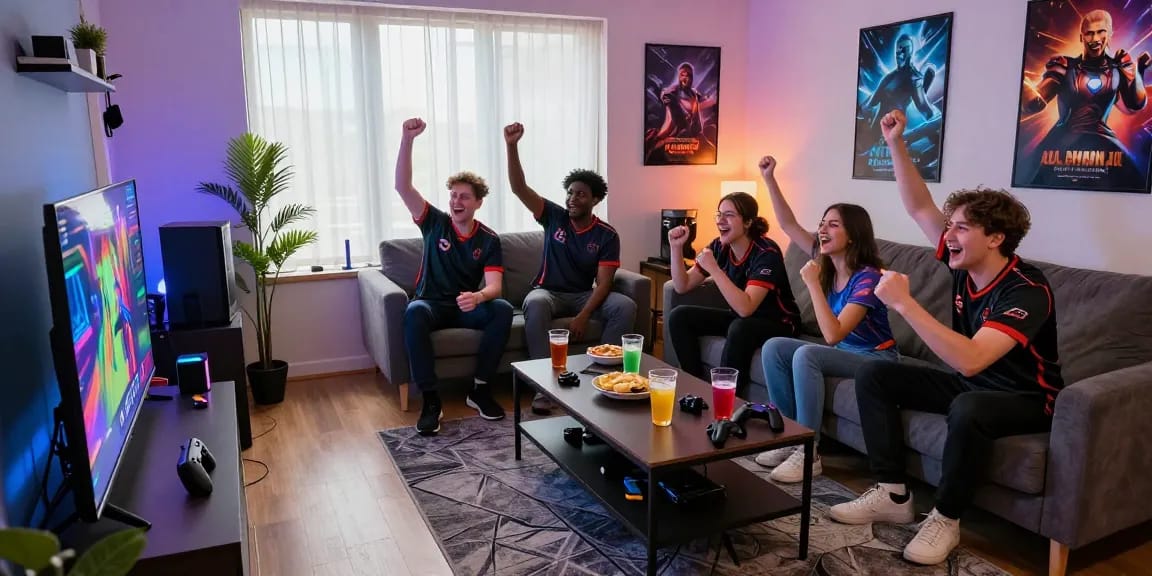 LUCK8 gaming competition scene with friends enjoying eSports in a lively living room setting.