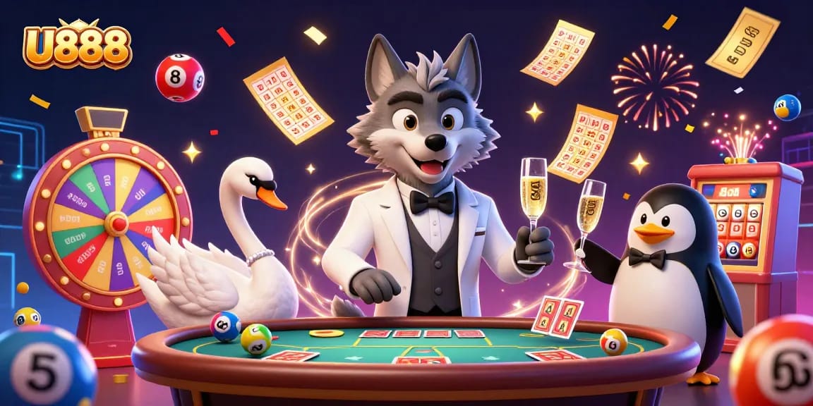 Engage with U888's vibrant casino scene featuring a debonair wolf, swan dealer, and penguin sommelier.