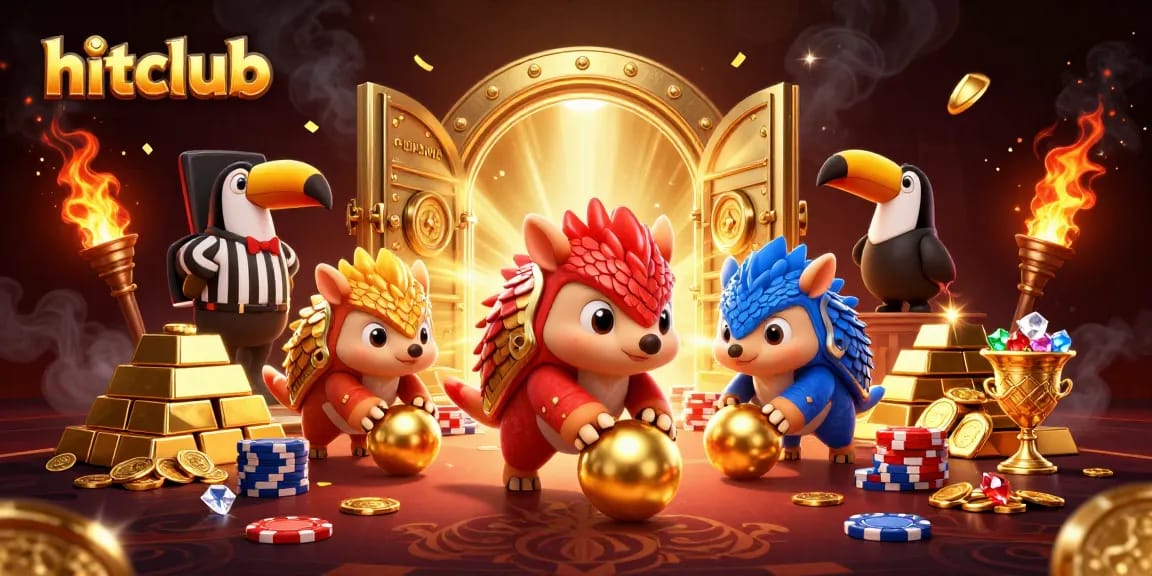 hitclub features rival pangolins bowling through poker chips in a vibrant casino scene