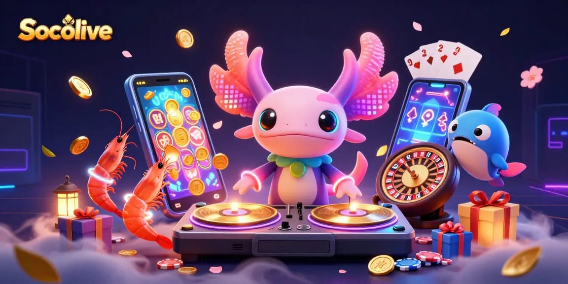 Socolive showcases a vibrant scene with a neon-colored DJ axolotl and animated casino elements.