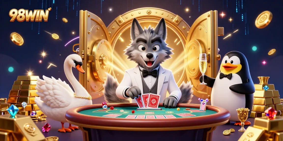Experience 98WIN's thrilling baccarat scene with rich gold and glamorous casino details.