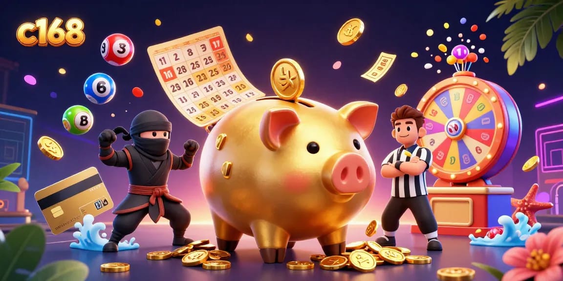 Experience action at c168 with a dynamic casino illustration featuring characters and vibrant game elements.
