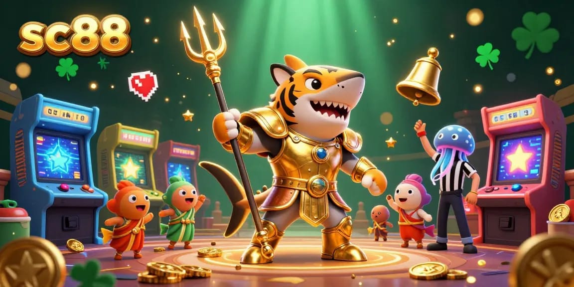 Engage with sc88's vibrant casino experience through an ultra-detailed 3D illustration of a gladiator shark.