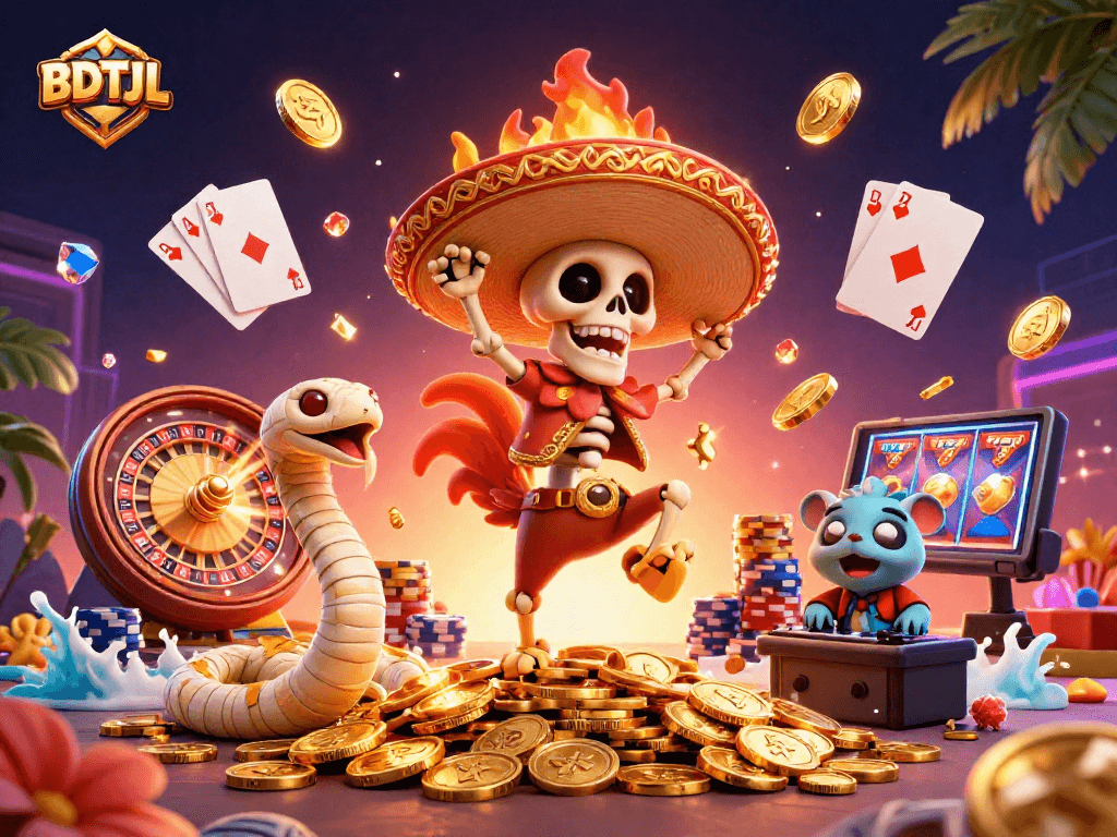 Spin the roulette and win with BDTJL's vibrant casino characters in a lively 3D scene.
