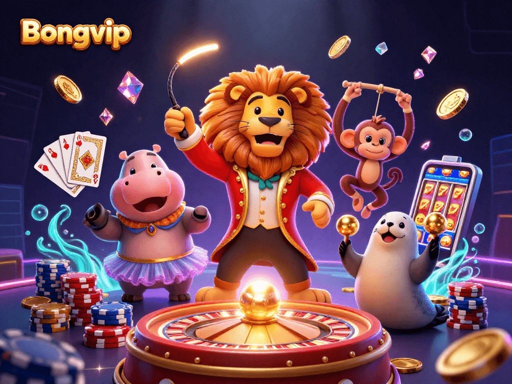 Bongvip offers thrilling gaming with a vibrant scene of a cartoon circus featuring elephants, cards, and roulette.