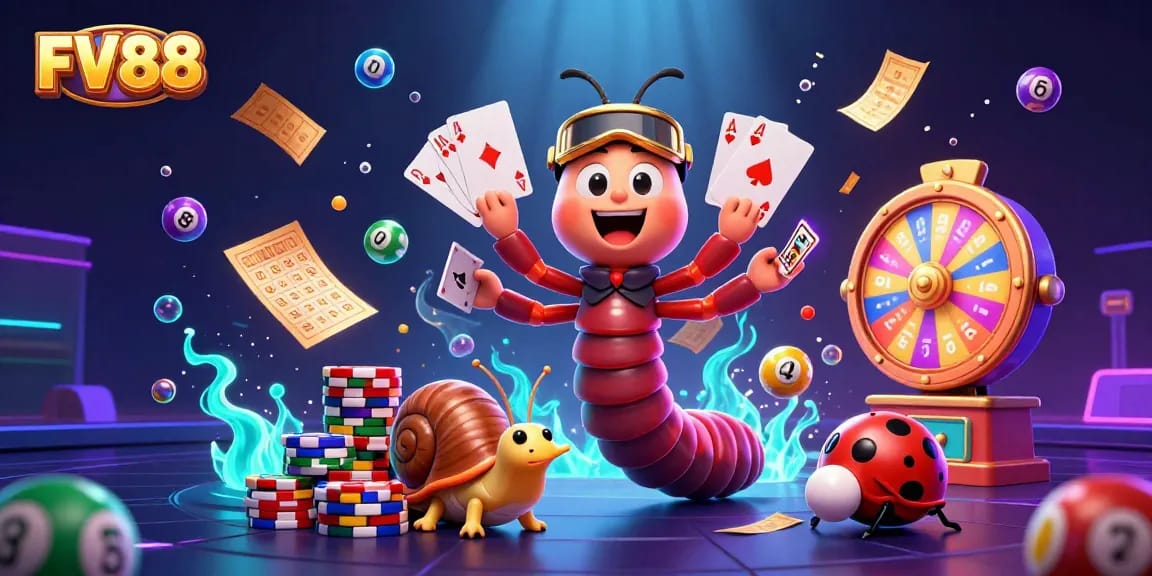 Winning at FV88 casino with colorful elements in a vibrant, dynamic 3D scene.
