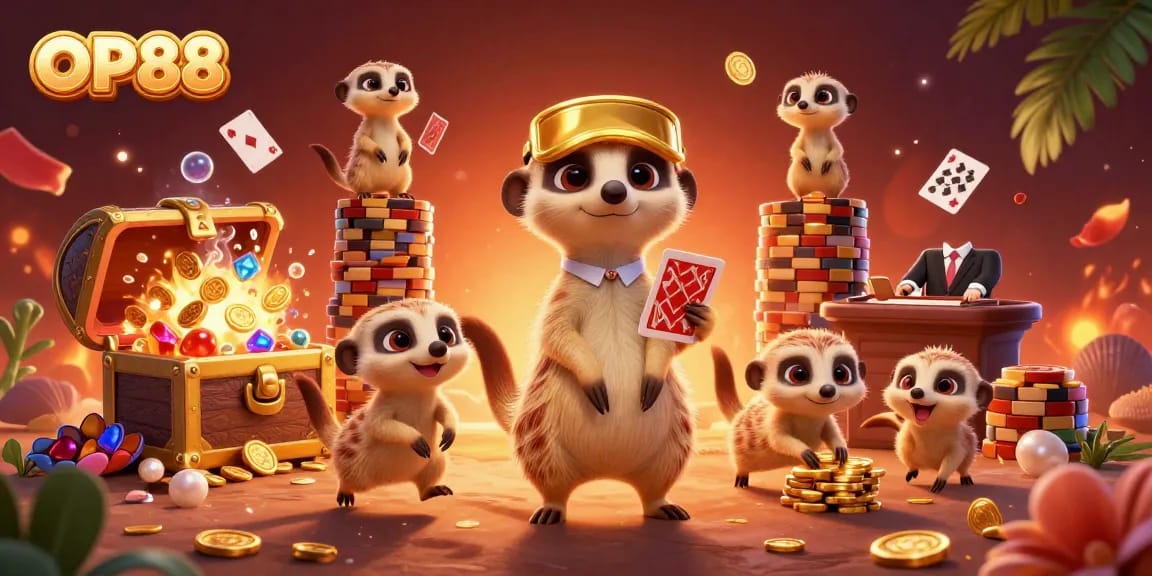 Experience the thrills of OP88 with meerkats running a vibrant casino operation in this dynamic illustration.