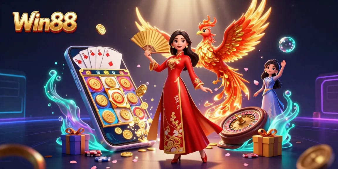 Experience thrilling slots with Win88 through captivating visuals of a Vietnamese ao dai and a phoenix.