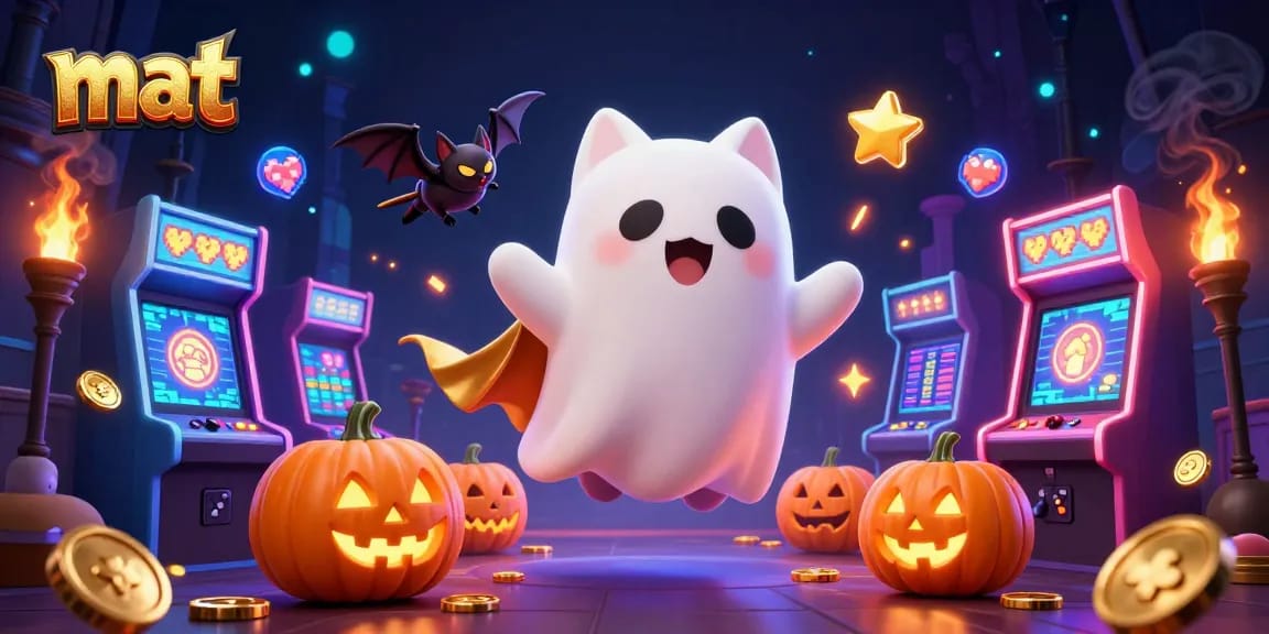 Experience vibrant gaming action at mat with a ghost cat and casino magic.