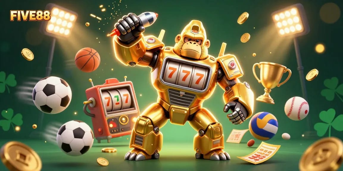 Experience exhilarating wins at FIVE88 with an action-packed gaming scene featuring golden gorillas and sports elements.