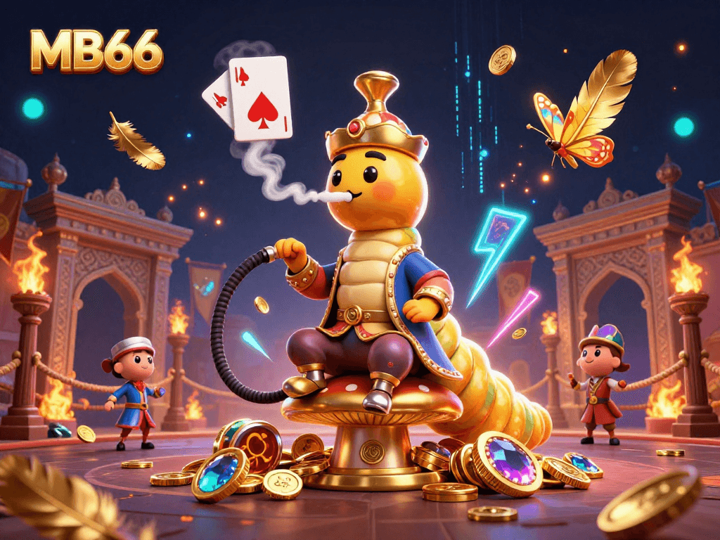 Experience the excitement of MB66 with a vibrant 3D casino illustration featuring a hookah-master among gold coins.