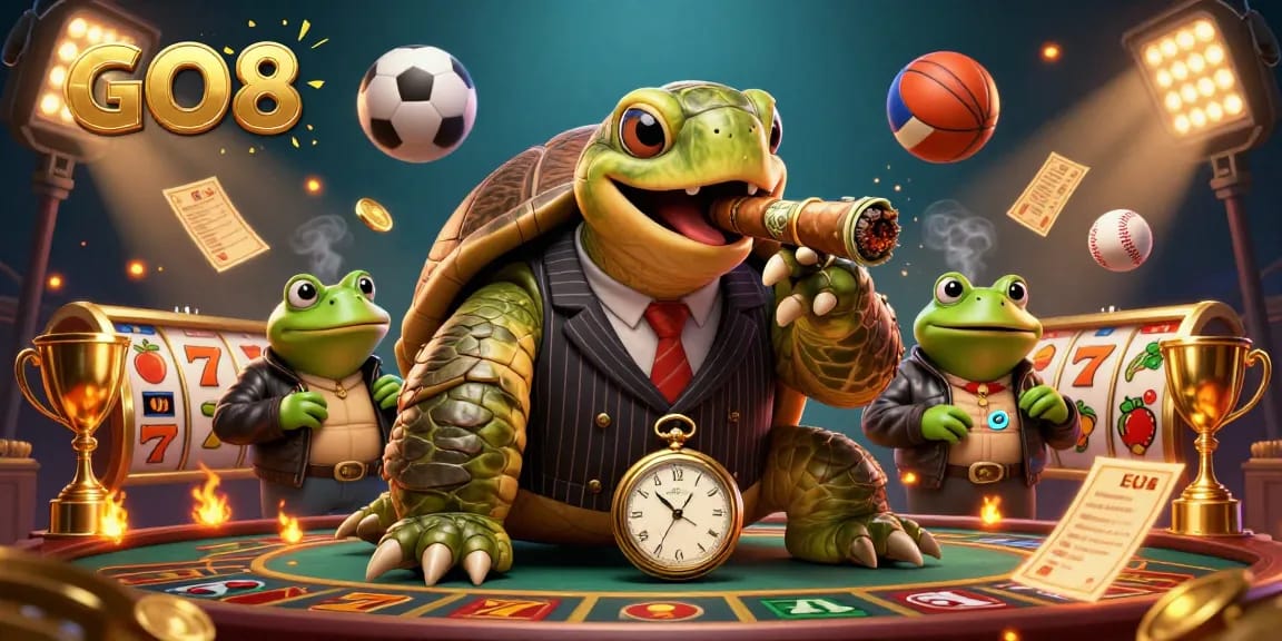 Experience exciting games at GO8 with a vibrant 3D casino illustration featuring a turtle in a stylish suit.