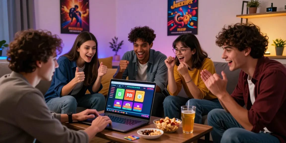 Excited players enjoying credit card casinos at https://aisa.org.uk in a lively living room.