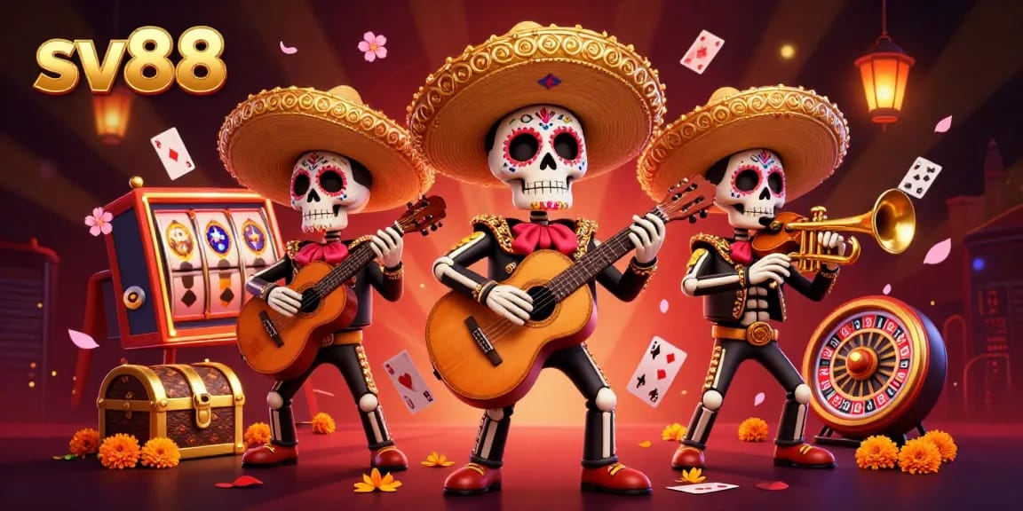 sv88 celebrates vibrant casino experiences featuring skeleton mariachi band amidst casino elements.