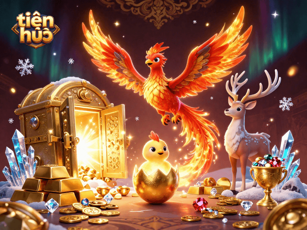 Play the tiến lên card game featuring lively phoenix characters and treasures in vibrant digital art.