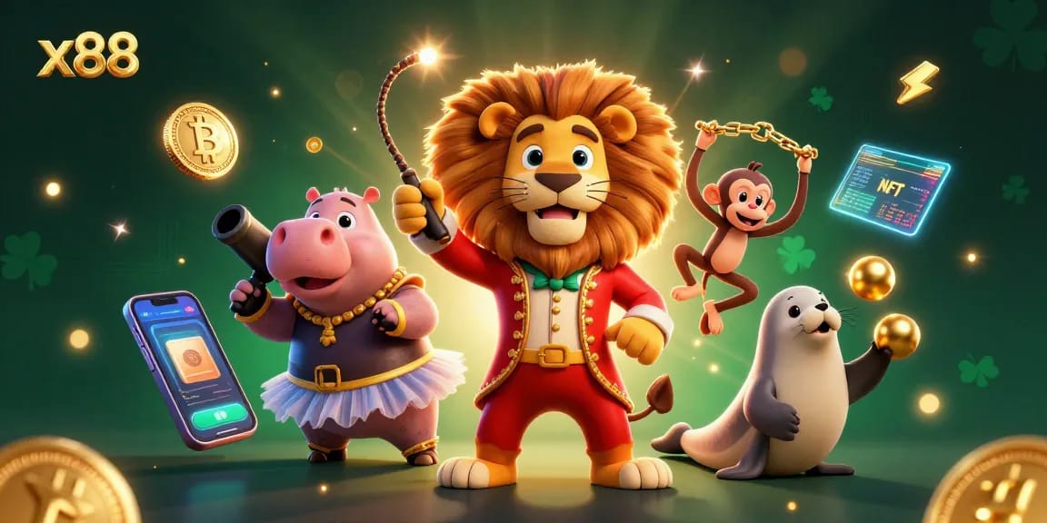 Join the fun at x88, where circus characters meet cryptocurrency in an exciting digital gaming scene.