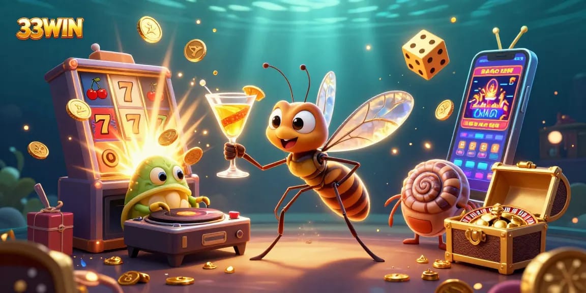 Engage with the thrilling atmosphere at 33WIN featuring a unique 3D casino illustration with vibrant gaming elements.