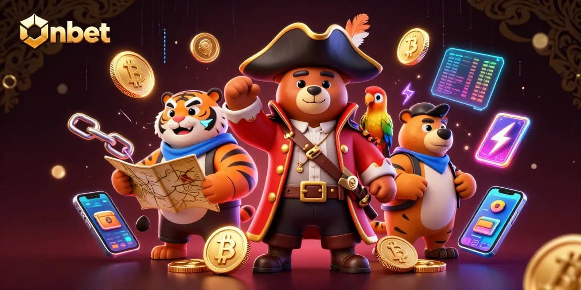 Engage with Onbet's exciting gaming world featuring a dynamic 3D pirate scene with vibrant cryptocurrency elements.