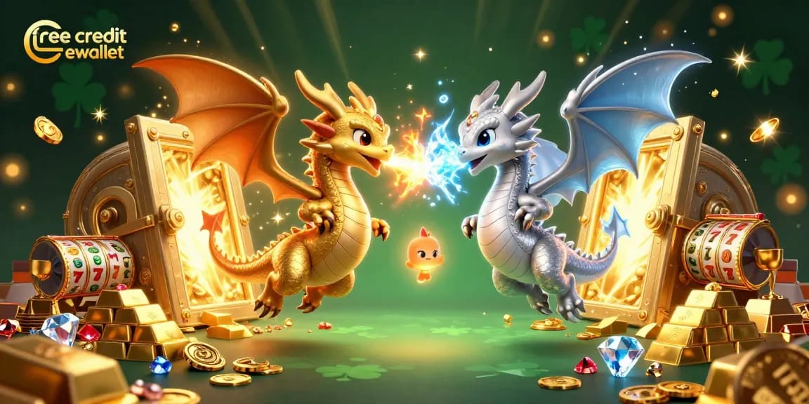 Win big with free credit ewallet while watching twin dragons create a magical scene of fortune.