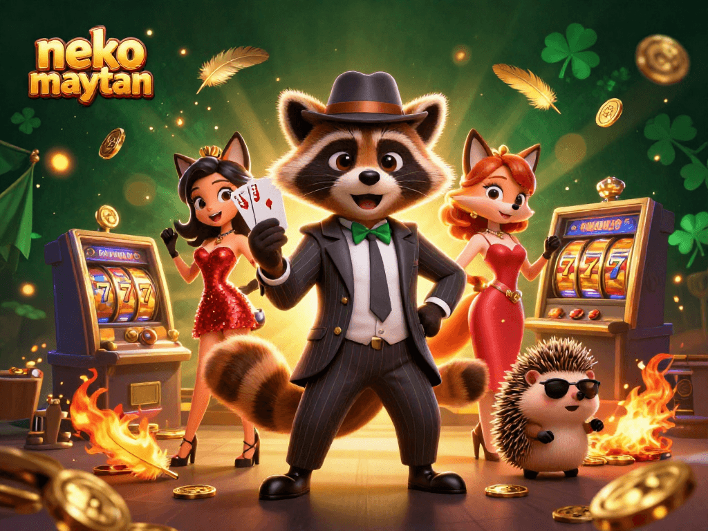 Experience the excitement of neko may mắn as characters engage in gambling with royal flush hands and slot machine reels.