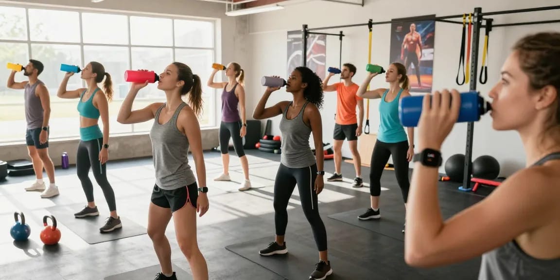 Group of fitness enthusiasts using a health tracker during a workout in a vibrant gym, showcasing energy and motivation.