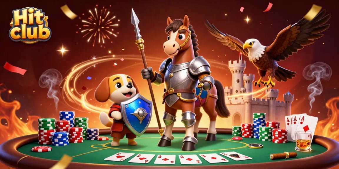 Hit club scene with a knight, puppy, and falcon amid vibrant casino gaming elements