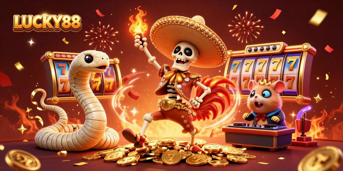 Experience the fun of LUCKY88 slots with a vibrant, festive 3D illustration featuring iconic casino characters.