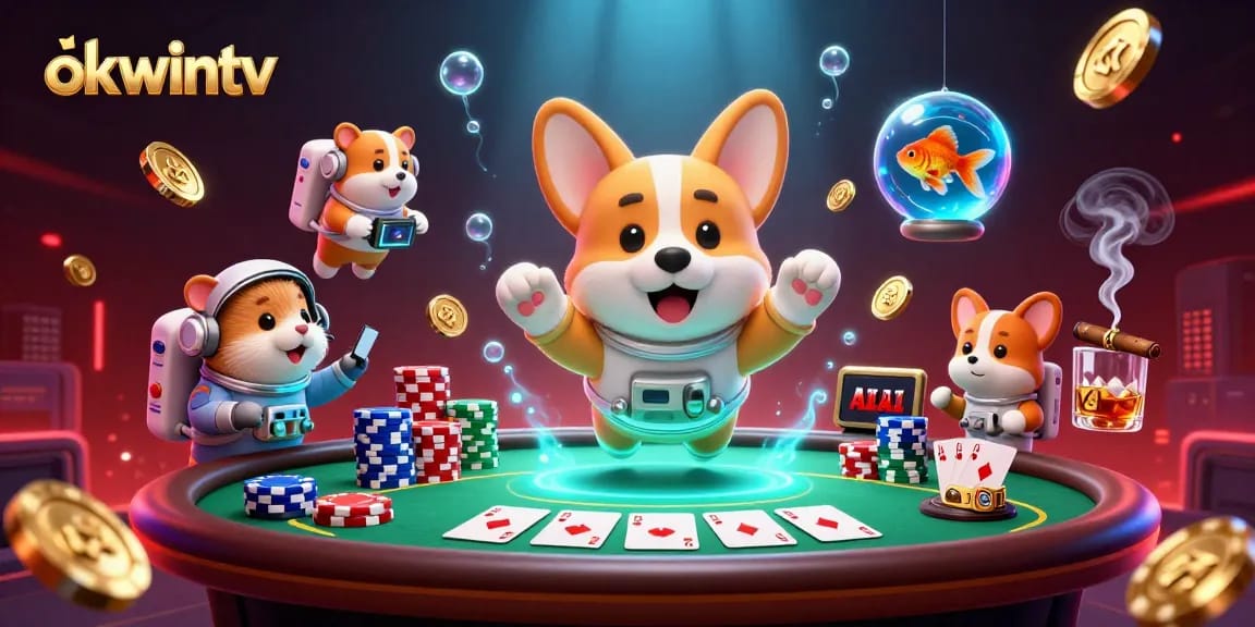 Engage with okwintv's thrilling casino experience, featuring a dynamic space scene filled with poker action.