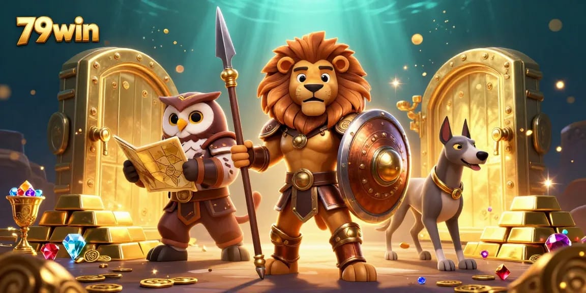 Engage with thrilling action in 79win's vibrant casino scene featuring characters collecting treasures.