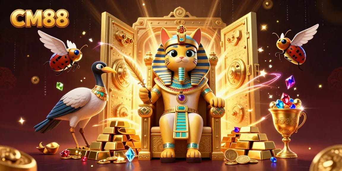 Experience the thrill of CM88 as the Egyptian pharaoh cat presides over a treasure vault in this vibrant casino scene.
