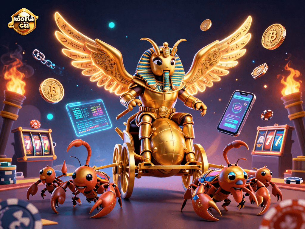 Engage with kèo nhà cái 5 through a vibrant casino-themed scene featuring dynamic golden scarabs and glowing crypto coins.