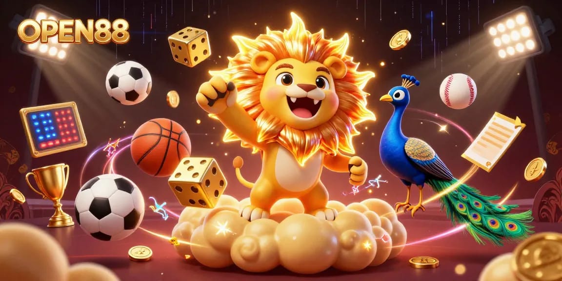 Experience the thrilling vibes of OPEN88 with a vibrant casino-themed 3D art showcasing gaming action.