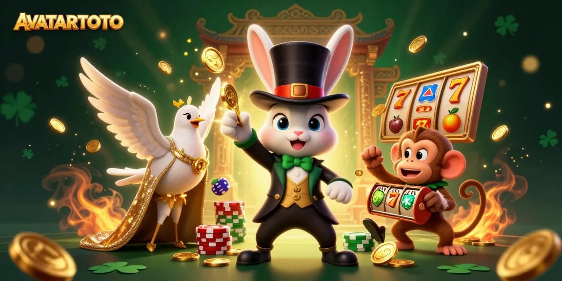 Experience the magic of AVATARTOTO with a 3D cartoon scene featuring a magician, dove, and monkey surrounded by slot games.